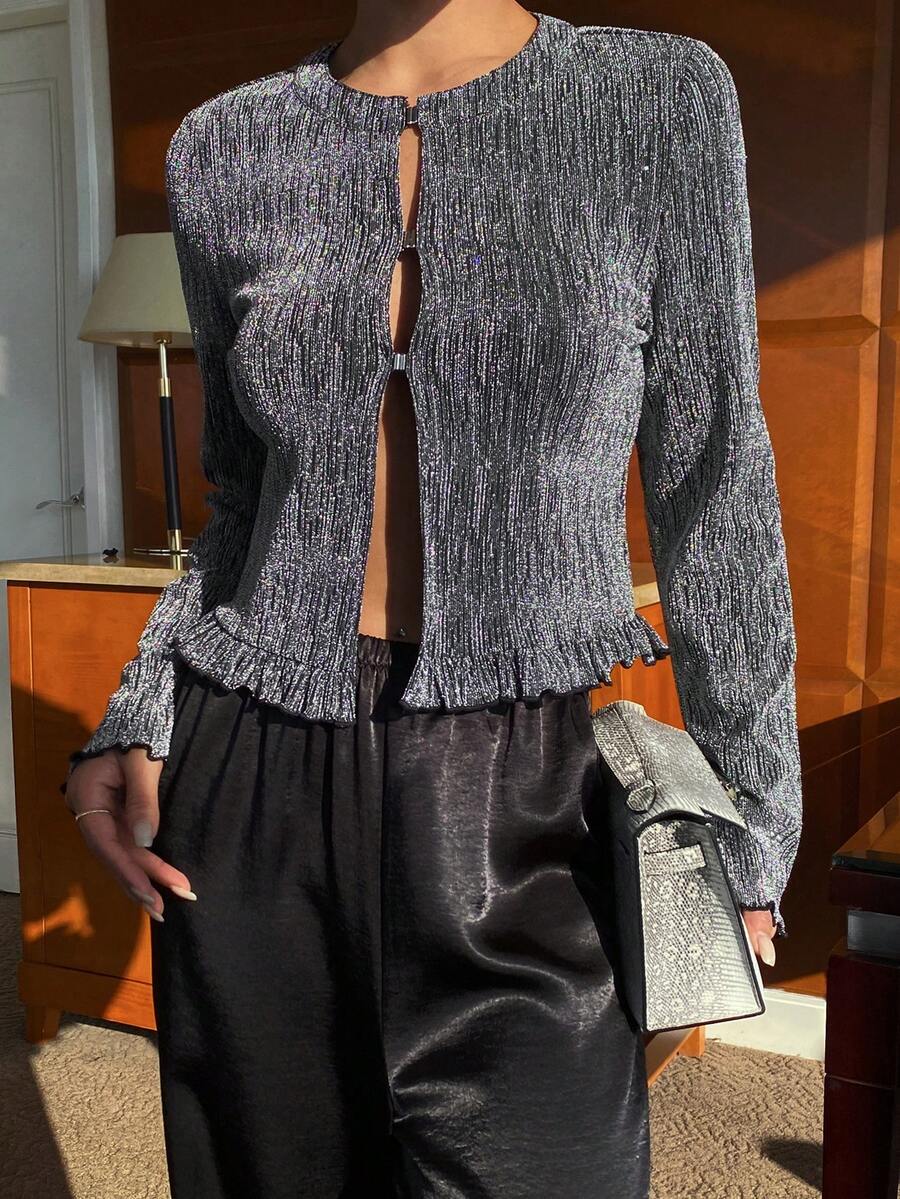 Livesso Élégante blouse avec bordure en dentelle noire brillante, convenant pour le Nouvel An, Noël, mariage, fête, occasions formelles. Cardigan chemise à lacets pour femmes, manches longues pour l'automne/hiver - Gris foncé - Voir 1
