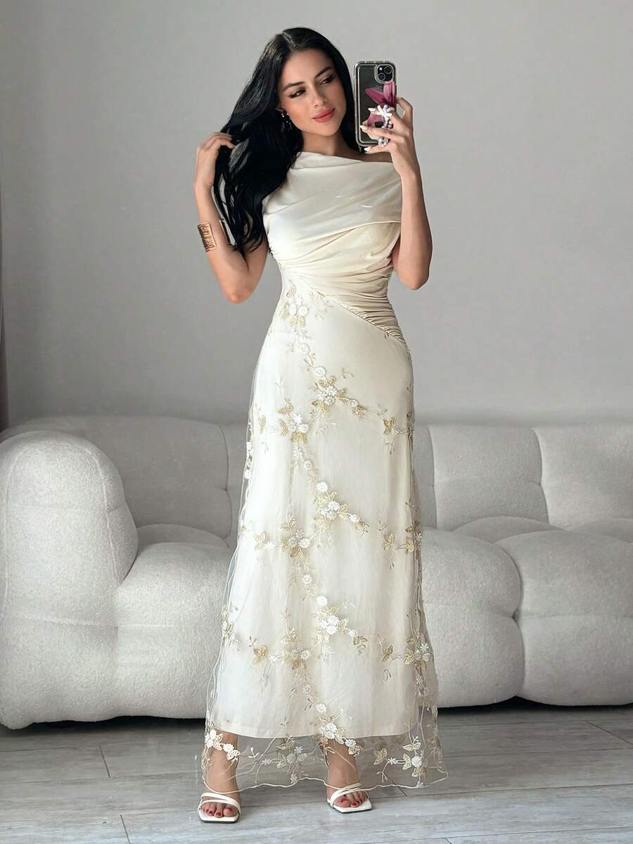 Modelyn 白色花卉夏季優雅婚禮賓客露肩百褶網紗刺繡花朵拼接針織杏色A字長洋裝女款 - 杏色 - 查看 1
