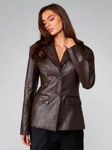 MISSGUIDED Professional Double Breasted Leather Blazer With Lapel Collar And Button Closure For Office Wear - Coffee Brown - View 1
