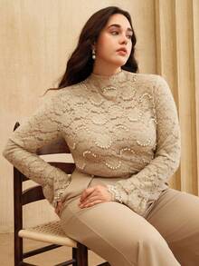 Anewsta 女士加大码优雅珍珠蕾丝高领喇叭袖T恤，秋冬款 - 杏色 - 查看 7