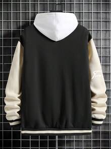 Manfinity Homme 宽松男士字母图案条纹饰边落肩棒球长袖夹克（无帽），秋季款 - 黑色 - 查看 2