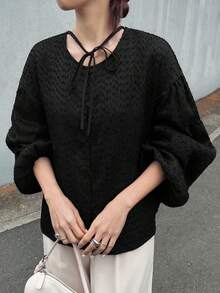 FRIFUL Women's Elegant Black Autumn Blouse,Round Neck Drop Shoulder Long Sleeve Pleated Drawstring Bow Tie Loose Casual Versatile Top For Brunch,Winter - Black - View 6