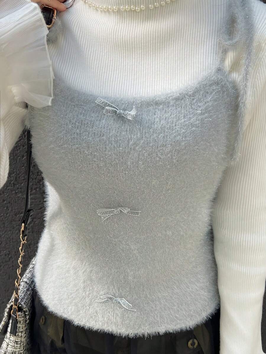 FRIFUL 女士纯色肩带系带蝴蝶结装饰休闲宽松百搭毛衣背心，秋冬款 - 灰色 - 查看 1