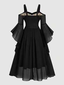 Sweetra Vestido de talla grande con estampado de patchwork, tirantes de lazo y mangas acampanadas - Negro - Ver 2