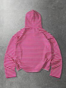 ROMWE MEN Men's Casual Striped & Letter Print Long Sleeve Hoodie - Red - View 2