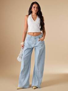 SHEIN BAE 女款純色掛脖露背休閒短版優雅蕾絲上衣 - 白色 - 查看 8