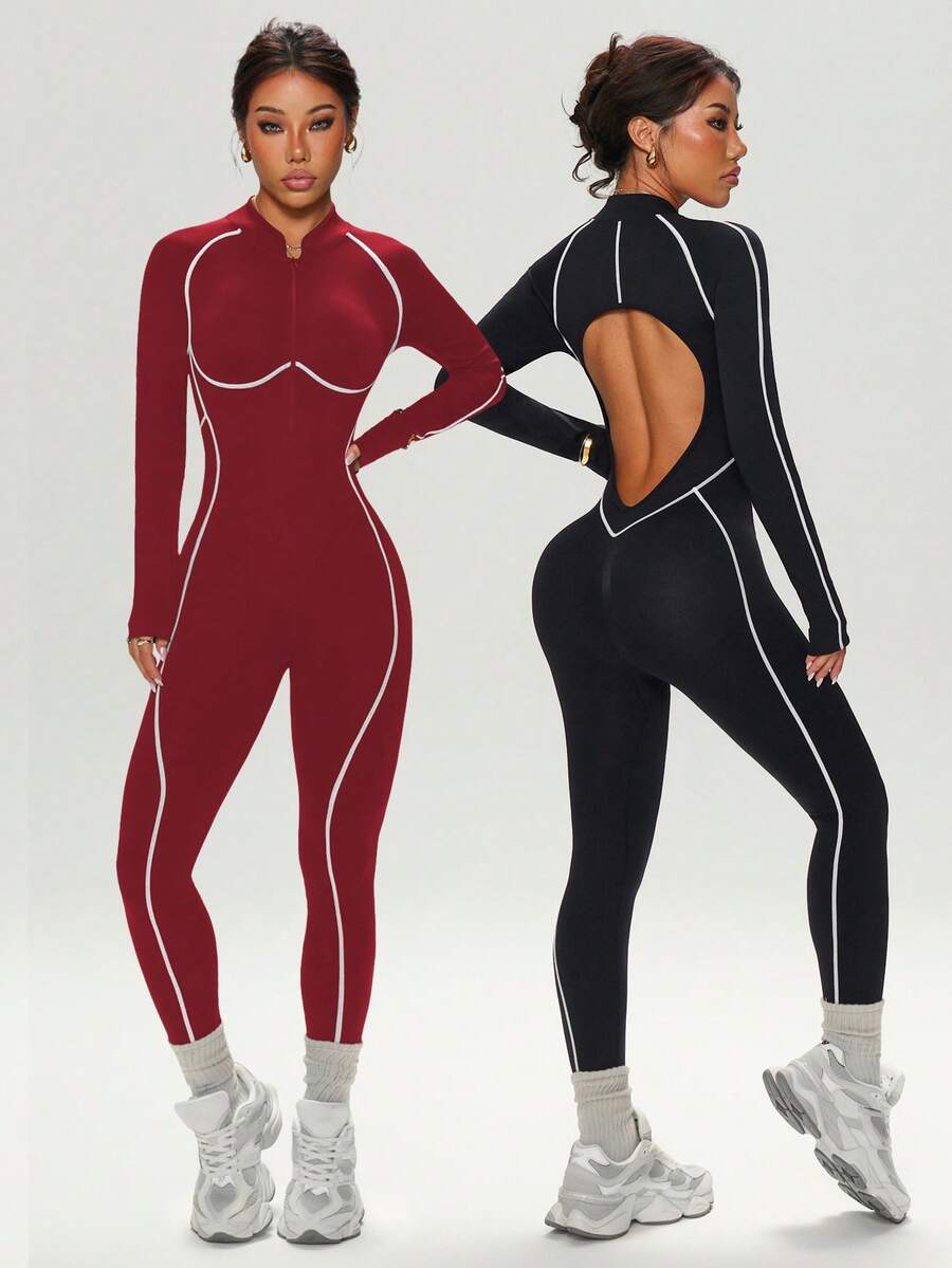 Velisys Seamless High Elasticity Fitness Jumpsuit, Long Sleeve & Long Pants With Zipper - Multicolor - View 1