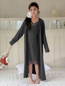 DAZY 少女蕾丝拼接吊带睡裙睡袍套装，秋季款 - 灰色 - 查看 3