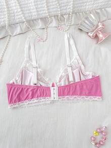 PetitDoll 1pc Plus Size Women Lace Patchwork Underwire Bra, Valentine's Day - Pink - View 8
