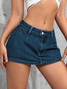 SHEIN Tall Women's Casual Daily Commute Versatile Low-Waist Denim Skort, Summer - Dark Wash - View 3