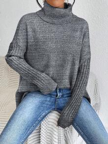 SHEIN LUNE 纯色高领休闲百搭长袖套头毛衣 - 深灰色 - 查看 6