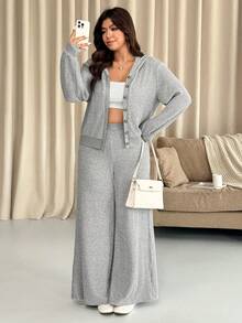 Vionelle 大码女式法式休闲优雅毛绒长袖上衣和裤子两件套，秋冬款 - 淺灰色 - 查看 7