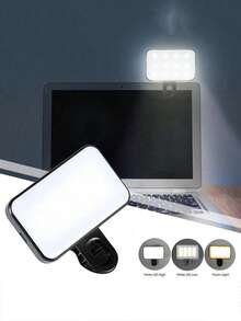 1个可调节三色自拍环形灯，适用于手机、相机、视频会议、直播补光、笔记本电脑、化妆和自拍，带夹子，便携式迷你LED灯，USB充电