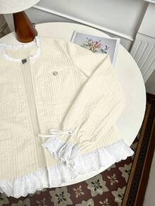 Franclia Vintage Lace Embroidered Bowknot Patchwork Round Neck Casual Jacket, Suitable For Autumn/Winter - Apricot - View 4