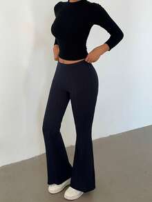 Flirla Women's Autumn/Winter Cable Knit Texture Navy Blue Flared Leggings - Navy Blue - View 5