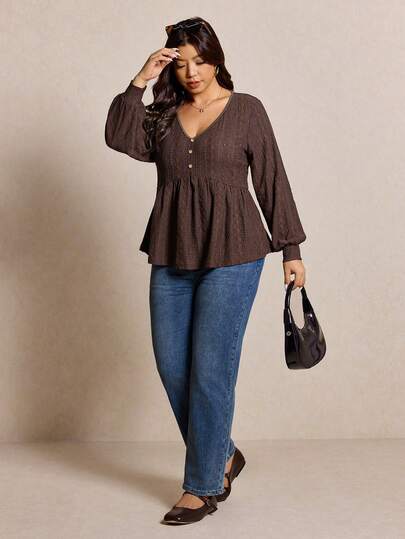 Elaquor Plus Size Women V-Neck Long Sleeve Button Design Ruffle Hem T-Shirt