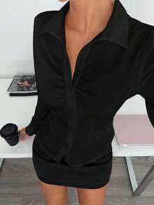 Siren Gaze 女士纯色褶皱纽扣长袖衬衫黑色上衣