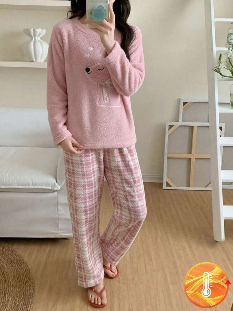 Girls 2 Pieces Pajama Set, Pink Polar Bear Embroidery Plush Long Sleeve Top And Pink Plaid Pants, Autumn Casual Sleep Lounge Set Winter Pj Set For Tween Girl - Multicolor - View 1