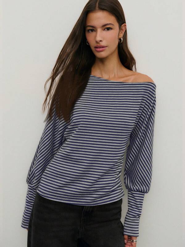 Nöista Women's Striped One-Shoulder Long-Sleeve Top With A Relaxed Fit And Soft Stretch Fabric. Features A Modern Off-Shoulder Neckline For A Casual Yet Stylish Look. Perfect For Everyday Wear, Casual Outfits, Going Out Looks, Or Easy Layering With Jeans And Skirts.