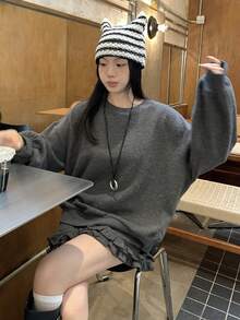 DAZY 2件套 女士圆领纯色荷叶边下摆上衣+短裤 - 灰色 - 查看 4