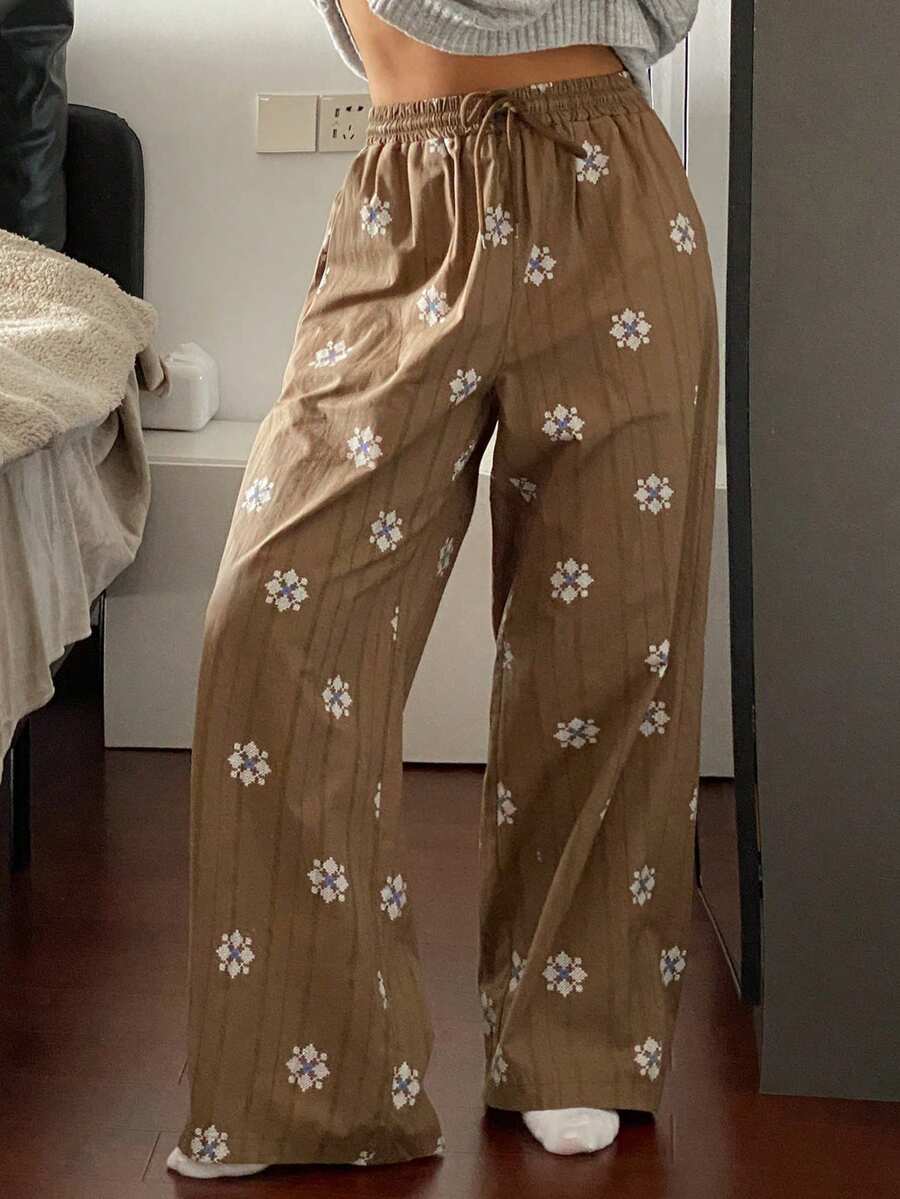 DAZY 复古花卉条纹宽松女士睡裤