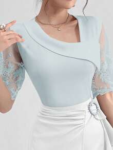 Modelyn 女士不对称领口撞色网眼夏季T恤印花T恤女式上衣 - 淺藍色 - 查看 3