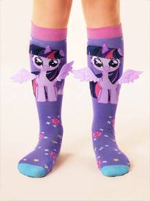 My Little Pony X SHEIN 2 Pairs Cotton 3D Wings Soft & Breathable Moisture-Wicking Kids Stockings Purple&Blue Cute Cartoon Calf Socks Reinforced Toe & Heel For Cosplay Princess Summer Winter,Twilight Sparkle&Rainbow Dash,Unicorn,Gift Ideas