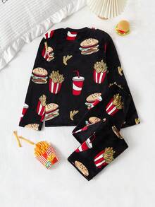 Genkimix Kids 男童休闲汉堡、薯条和汽水图案抓绒连帽衫和裤子睡衣套装（2件套）