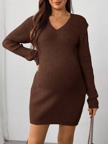SHEIN 孕妇休闲日常通勤简约纯色V领修身罗纹针织毛衣连衣裙，秋冬款 - 咖啡棕 - 查看 4
