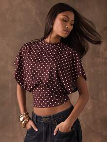 SHEIN BAE Women's Casual, Loose-Fitting, Round Neck, Burgundy Polka Dot Print Short-Sleeved Top. Casual Top, Commuting, And Going Out.Red Top Polka Dot Top - Coffee Brown - View 4