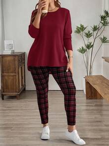 EMERY ROSE 2pcs Plus Size Women Fall/Winter Casual Long Sleeve  Wine Red T-Shirt And Plaid Leggings Set For Winter Clothes,Autumn/Winter,Going Out Outfits,2025 New Clothes,Simple And Fashionable For Everyday Wear, Plus Size Winter Clothes, Christmas Outfit For Women ,New Year Clothes,Thanksgiving Outfit For Women , 2 Piece Sets Woman Plus,Two Piece Set Women Comfy, Lounge Wear, Burgundy Women Lounge Set - Red - View 5