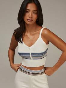 Athîral Women's Striped Printed Camisole And Pants Casual White Knit Set, Comfortable And Soft Knit Fabric, Suitable For Home, Casual Wear, Going Out. White Sweater Set,New Year Clothes,Christmas Outfit Women - Multicolor - View 5