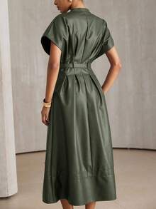 Aveloria Modichic PU Material, Commuter Design Sense, Waist Belt Decor Fashionable V-Neck Pleated Batwing Sleeve Versatile Long Dress - Army Green - View 3
