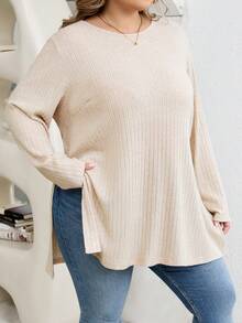 SHEIN CURVE+ Plus Size Pit Stripe Slit Long Sleeved T-Shirt - Apricot - View 6