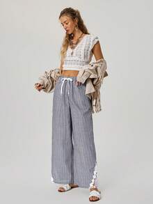 Freevana Bohemian Romantic Vacation Early Spring New Striped Lace Patchwork Wide Leg Pants For Women With Pockets - Black and White - View 7