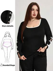 Enliva Camiseta de Manga Longa Ajustada Plus Size Feminina, Detalhes de Contraste Aparados, Roupas com Laço Decorativo para Mulheres, Inverno, CURVE PLUS