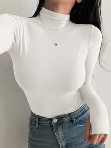 DAZY Camiseta feminina de gola alta e manga comprida, preta, para primavera/verão/outono. - Branco - Ver 5