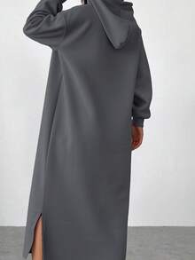 SHEIN EZwear 灰色休闲连帽长款卫衣，适合秋冬季节穿着，可搭配灰色连衣裙、女士连帽连衣裙、宽松连衣裙、卫衣连衣裙等。 - 深灰色 - 查看 7