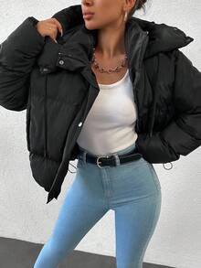 EURMUSE Solid Color Hooded Padded Jacket With Side Pockets And Drawstring Hem - Black - View 4