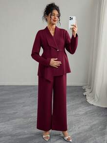 Momance 女士优雅翻领V领长袖独特腰带系带高端运动夹克搭配直筒阔腿裤孕妇两件套 - 酒紅色 - 查看 6