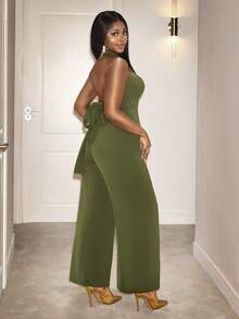 Lineaform Women's Elegant Summer Olive Green Sleeveless Backless Jumpsuit,Lapel High Waist Wide Leg Style For Night Out,Wedding,Gala,Commuting,Holiday,Parties - Army Green - View 2