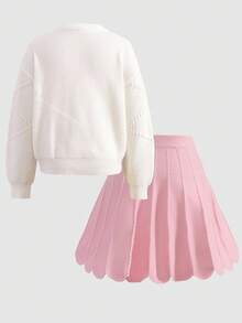 SHEIN Bộ trang phục 2 món cho bé gái tuổi teen, áo len đan kết hợp với nơ xinh xắn và chân váy xếp ly, mềm mại và thoải mái, thích hợp cho mùa đông - Hồng - Xem 7