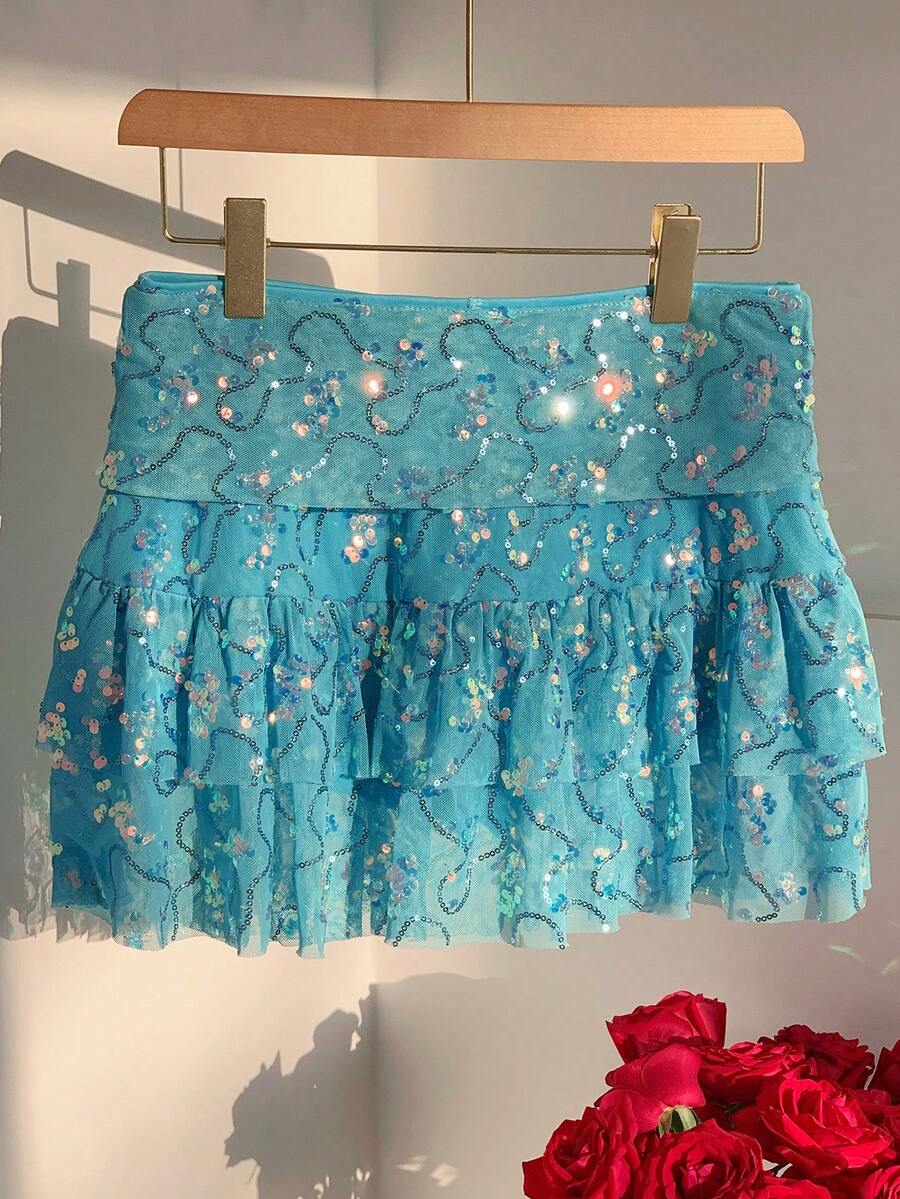 Comfortcana 2025新款极简主义冬季女式亮片荷叶边时尚半身裙，适合圣诞节、新年派对、海滩度假等场合，亮片闪粉裙。 - 藍色 - 查看 1