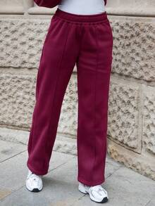 Yess Loren Women's Casual Loose Solid Color Elastic Waist Sweatpants With Pockets - Burgundy - View 3