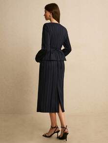 Poéselle 女士优雅通勤条纹外套和裙子套装 - 藏蓝色 - 查看 6