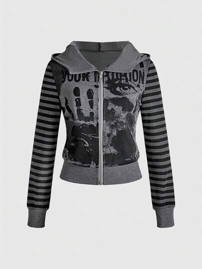 J-Fashion Damen süßer Anime-Mädchen stereoskopischer Katzenohren gestreifter Patchwork Kontrast-Farbdruck Hoodie
