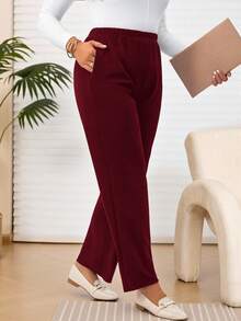 EMERY ROSE 大码女式休闲日常黑色长裤，带口袋 - 乾枯玫瑰色 - 查看 4