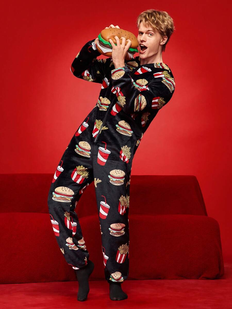 Men's Autumn/Winter Plush Funny Soda, Fries, Burger Print Fluffy Lounge Jumpsuit - Multicolor - View 1