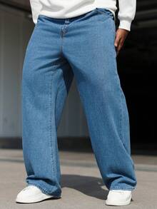 Manfinity Homme Plus Size Men's Loose Fit Pockets Casual Wide Leg Jeans Cowboy Jeans Baggy Blue Jeans Men - Blue - View 3
