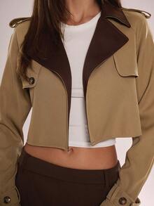 Avenya Elegant Shades Of Brown Autumn Color Block Lapel Cropped Windbreaker Jacket,Fashionable Office Patchwork Short Buckle Suit Top,Y2K Goddess Style - Brown - View 2